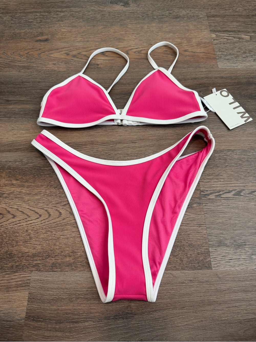 NWT Wilo The Label Hot Pink Bikini Set Ribbed White Trim High Cut Size Small